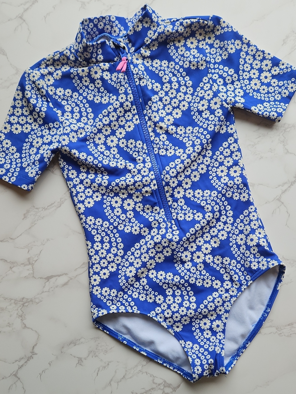 Mini Boden Blue Floral Short-Sleeve Rash Guard Swimsuit 7-8y